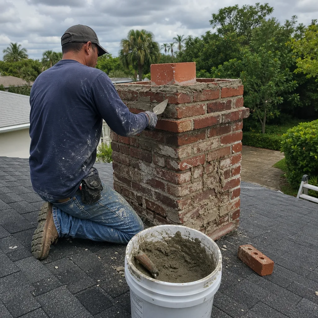 Mason performing professional brick chimney repair on a residential roof