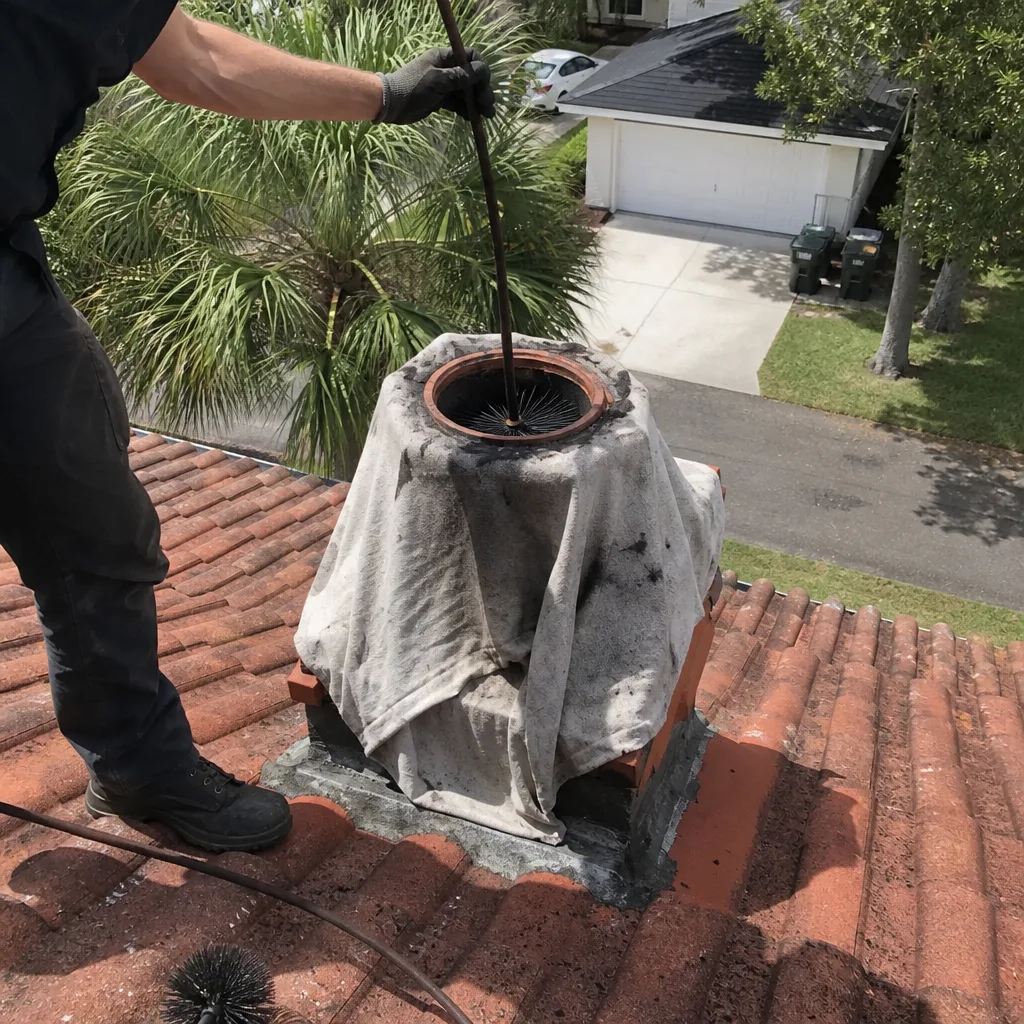 Professional chimney sweep cleaning a chimney flue on a rooftop