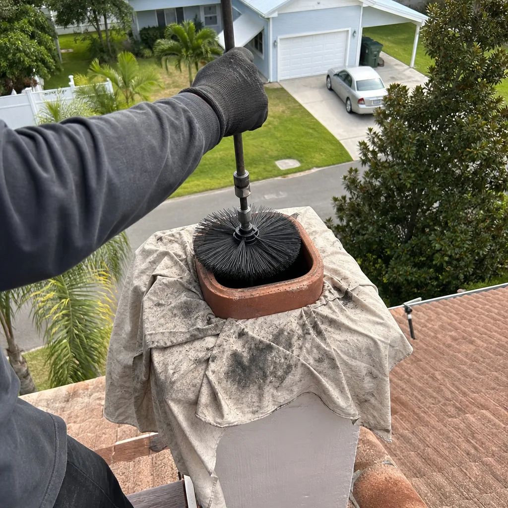 A professional technician performing a chimney sweep cleaning from the roof