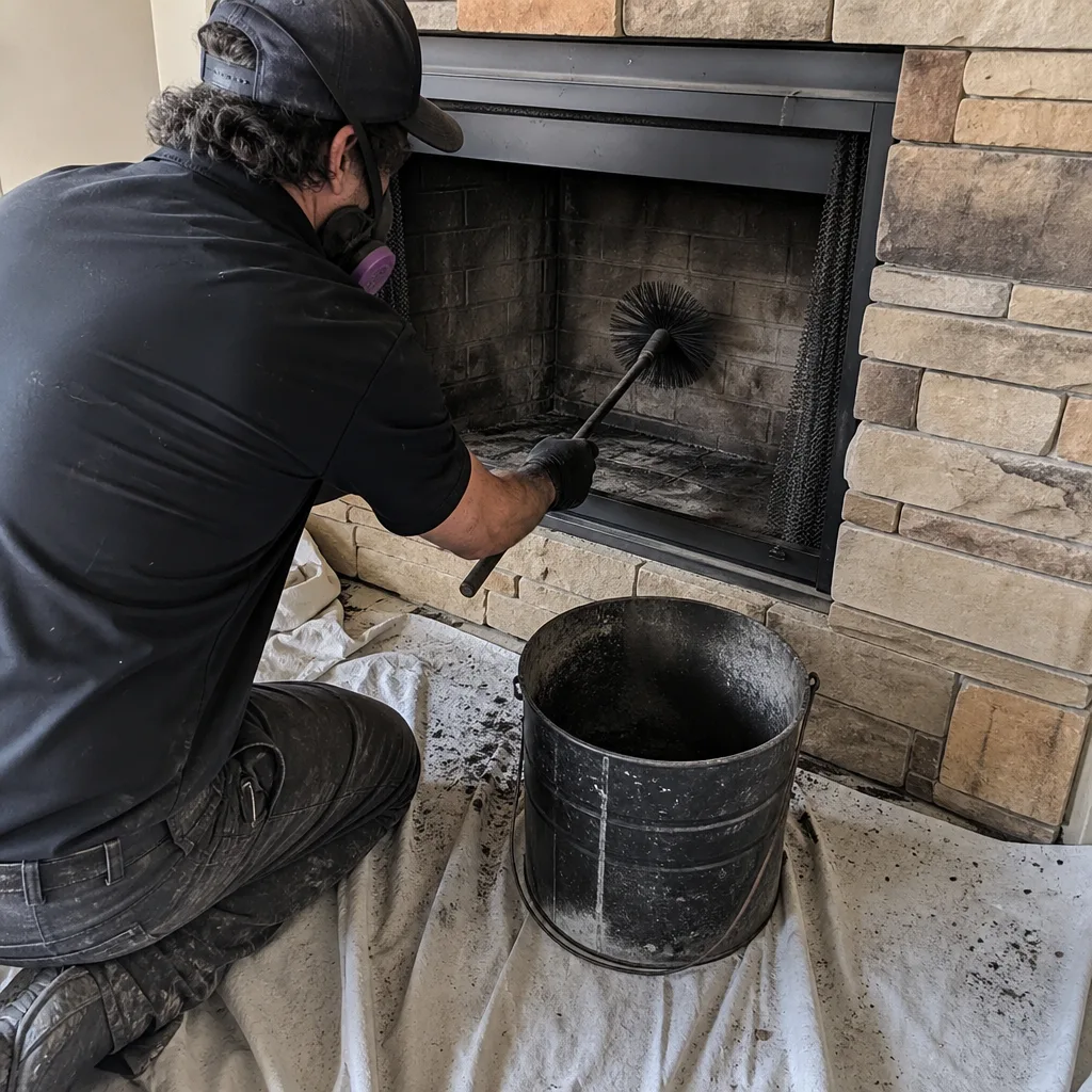 Professional chimney sweep cleaning a fireplace with a wire brush.