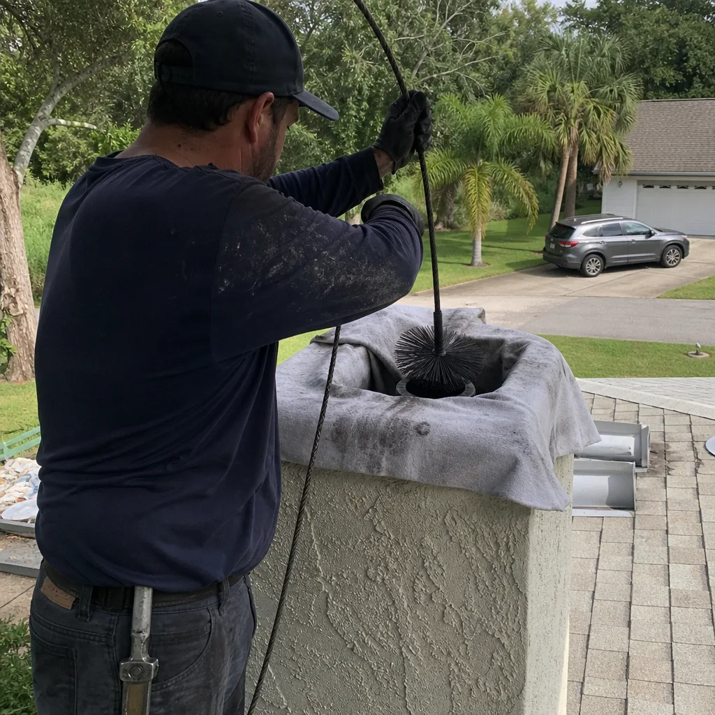 Professional chimney sweep cleaning a fireplace flue from the roof