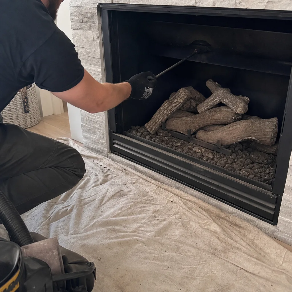 Technician performing professional gas fireplace repair and maintenance service